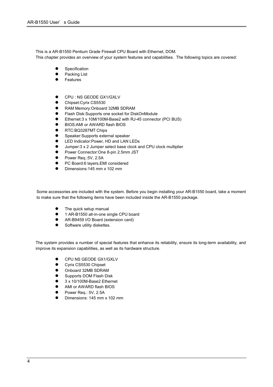 Overview, 2 packing list, 3 features | 1 specification | Acrosser AR-B1550 User Manual | Page 6 / 32