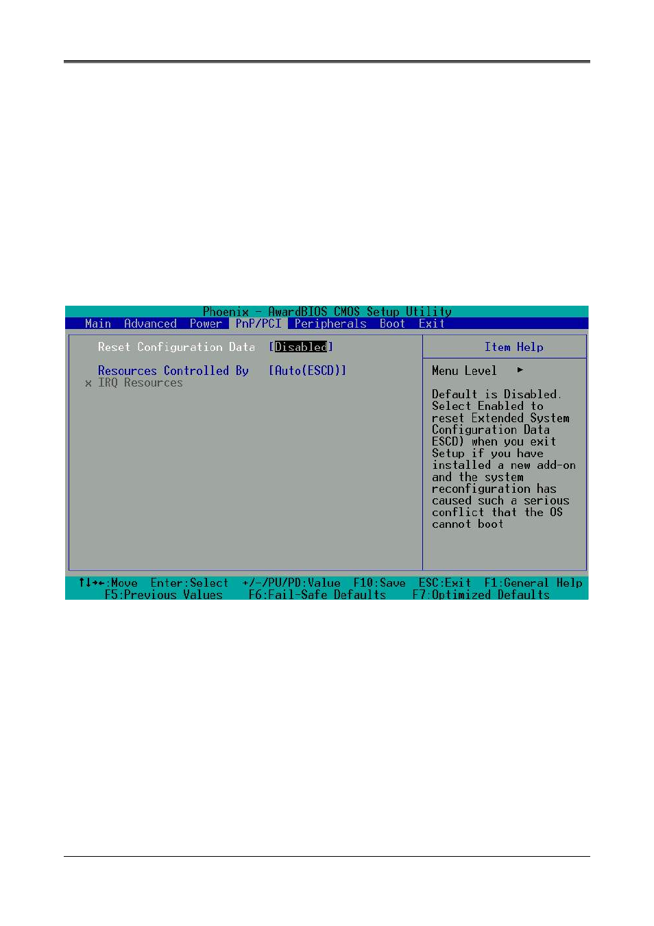 Onboard audio [enables, Usb1 controller [enables, Usb2 controller [enables | Onchip ide device, 4pnp/pci, Reset configuration data [disable, Resources controlled by [auto (escd) | Acrosser AR-B1631 User Manual | Page 16 / 26