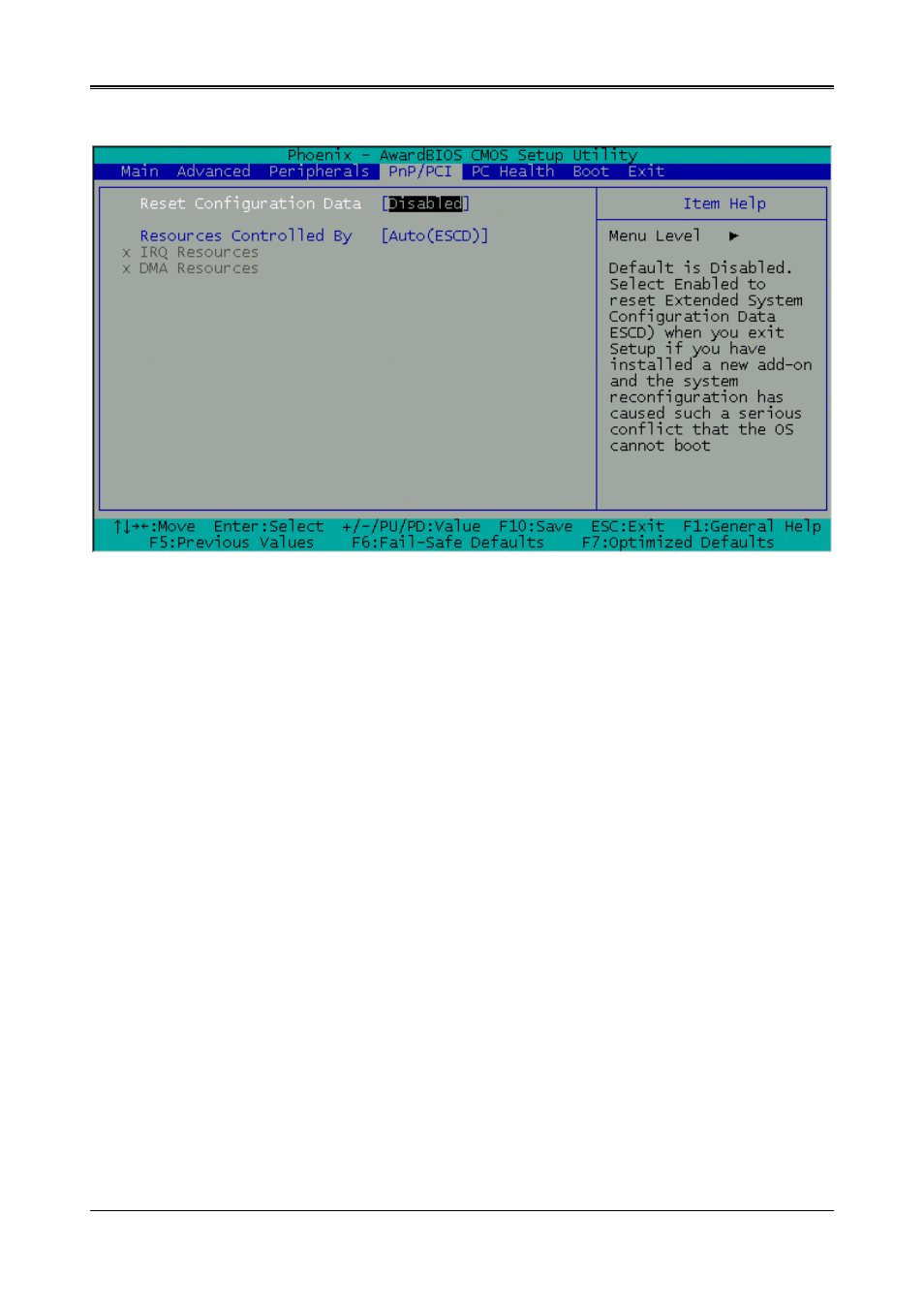 4pnp/pci, Reset configuration data [disable, Resources controlled by [auto (escd) | Acrosser AR-B1651 User Manual | Page 22 / 30