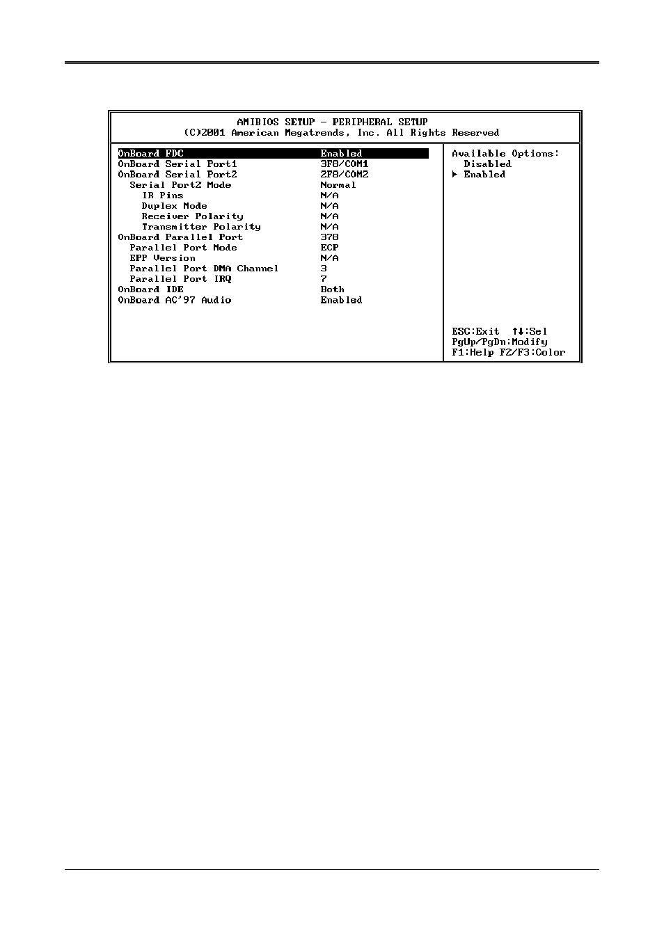 7 peripheral setup, Onboard fdc, Onboard serial port | Ir port support, Onboard parallel port, Parallel port mode, Parallel port dma channel, Onboard ide, Onboard ac’97 audio | Acrosser AR-B1651 User Manual | Page 25 / 29