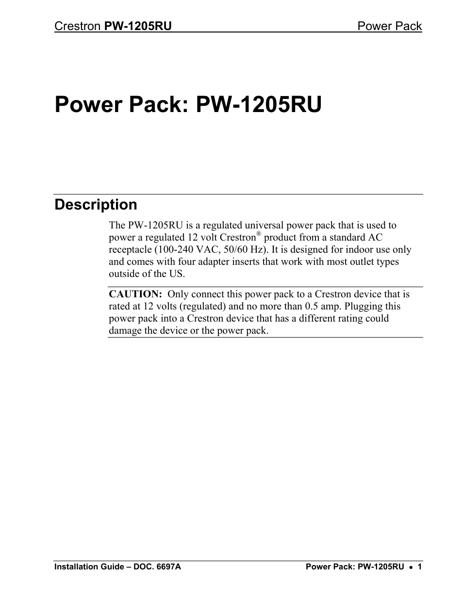 Power pack: pw-1205ru, Description | Crestron electronic pw-1205ru User Manual | Page 2 / 8