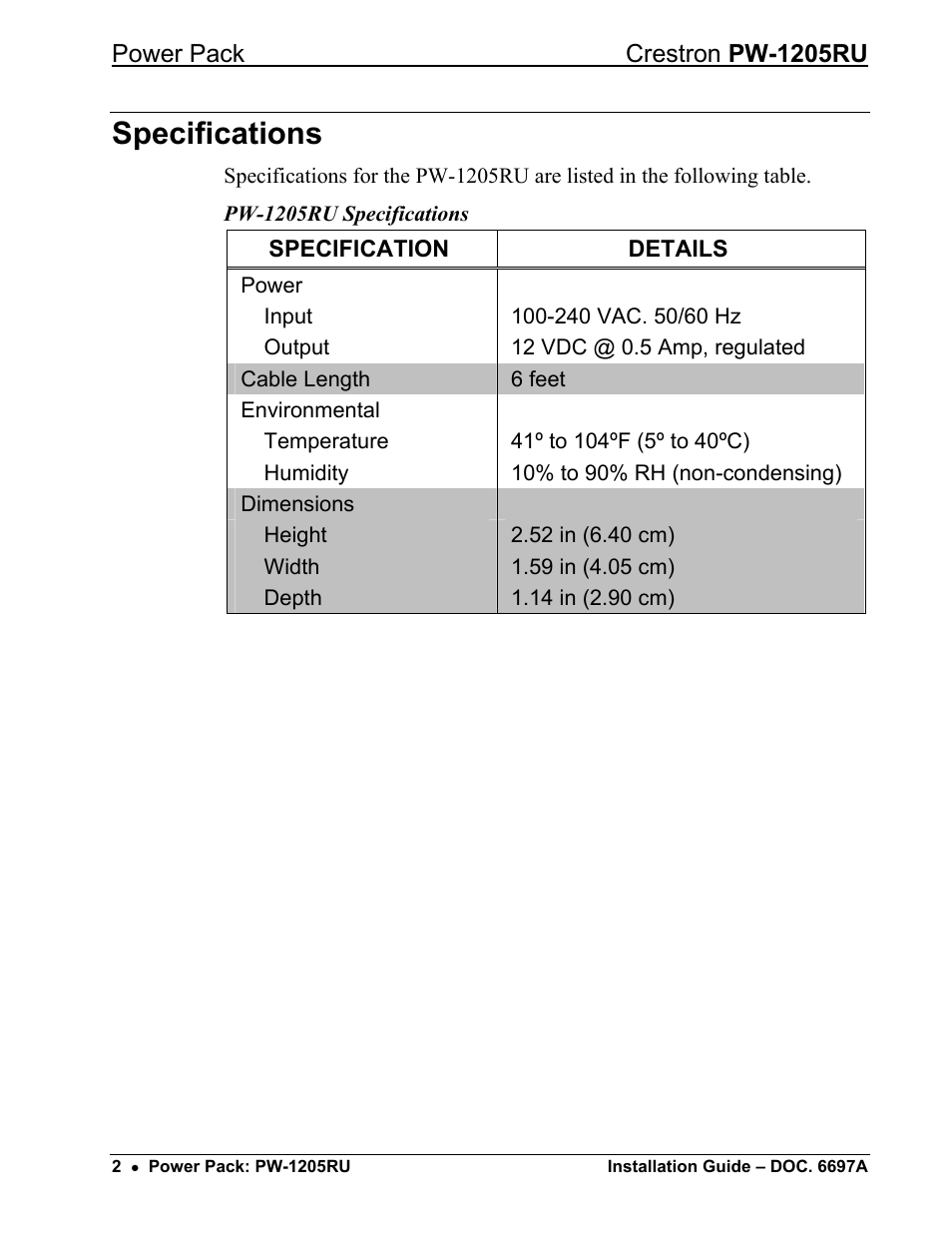 Specifications | Crestron electronic pw-1205ru User Manual | Page 3 / 8