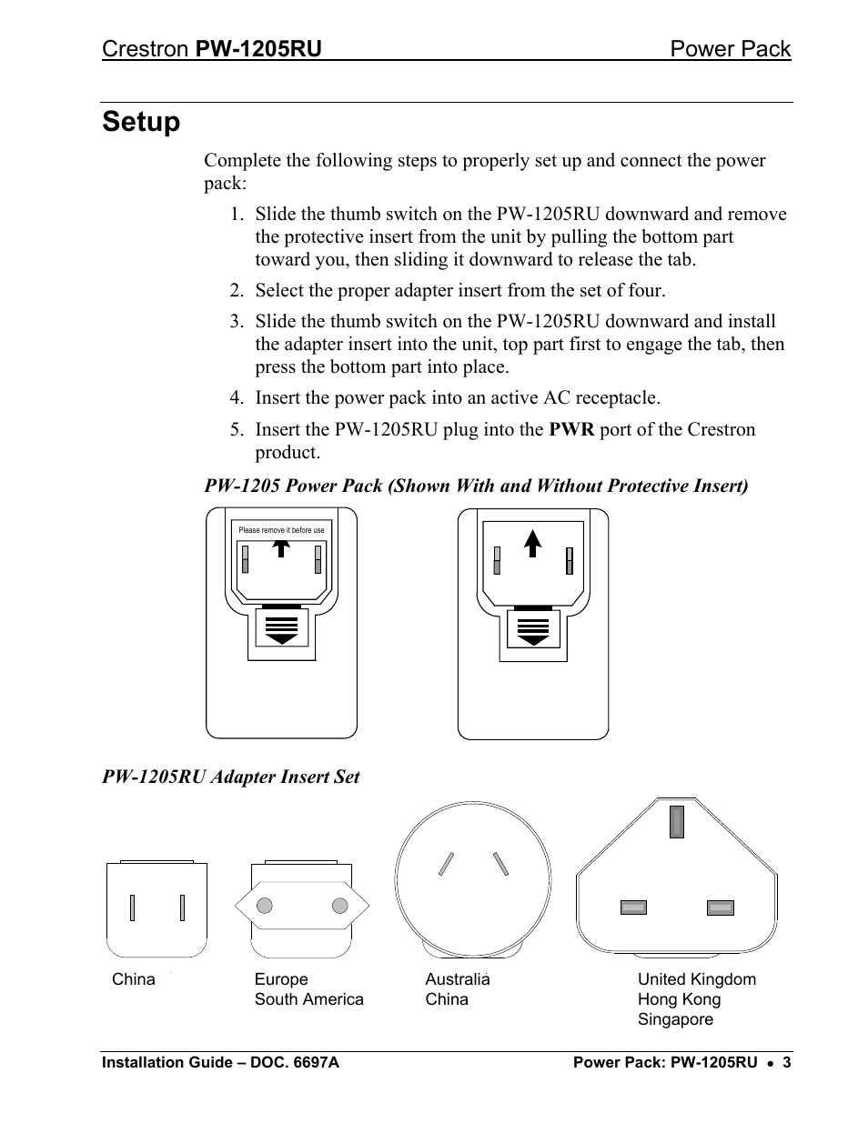 Setup, Crestron pw-1205ru power pack | Crestron electronic pw-1205ru User Manual | Page 4 / 8