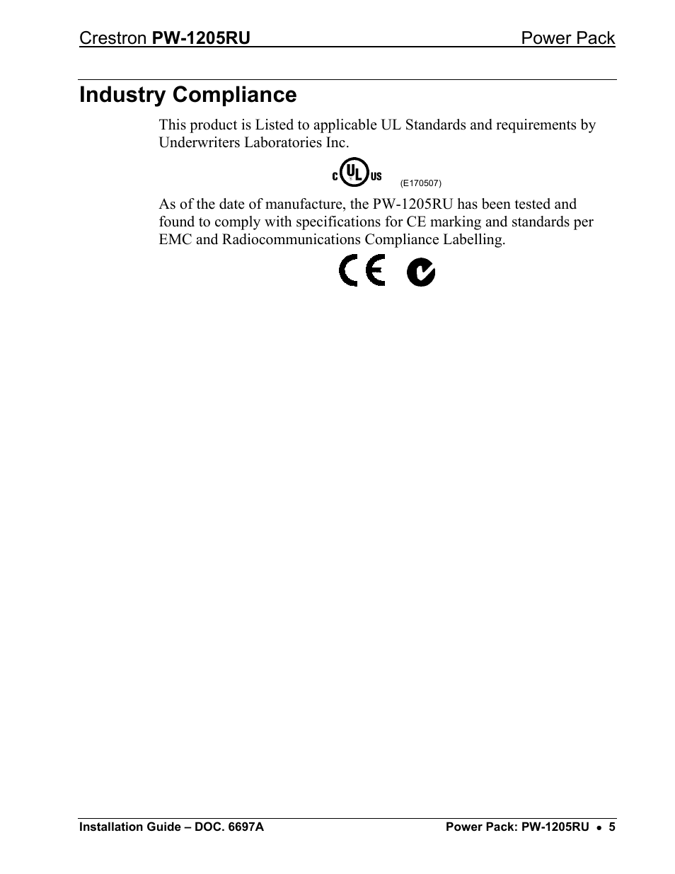 Industry compliance, Crestron pw-1205ru power pack | Crestron electronic pw-1205ru User Manual | Page 6 / 8