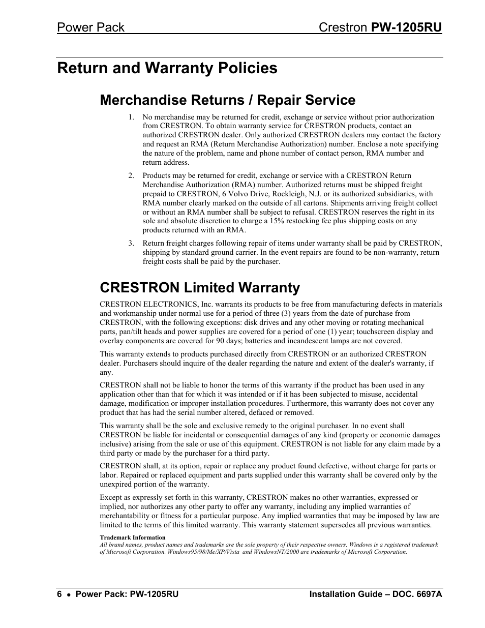 Return and warranty policies, Merchandise returns / repair service, Crestron limited warranty | Power pack crestron pw-1205ru | Crestron electronic pw-1205ru User Manual | Page 7 / 8