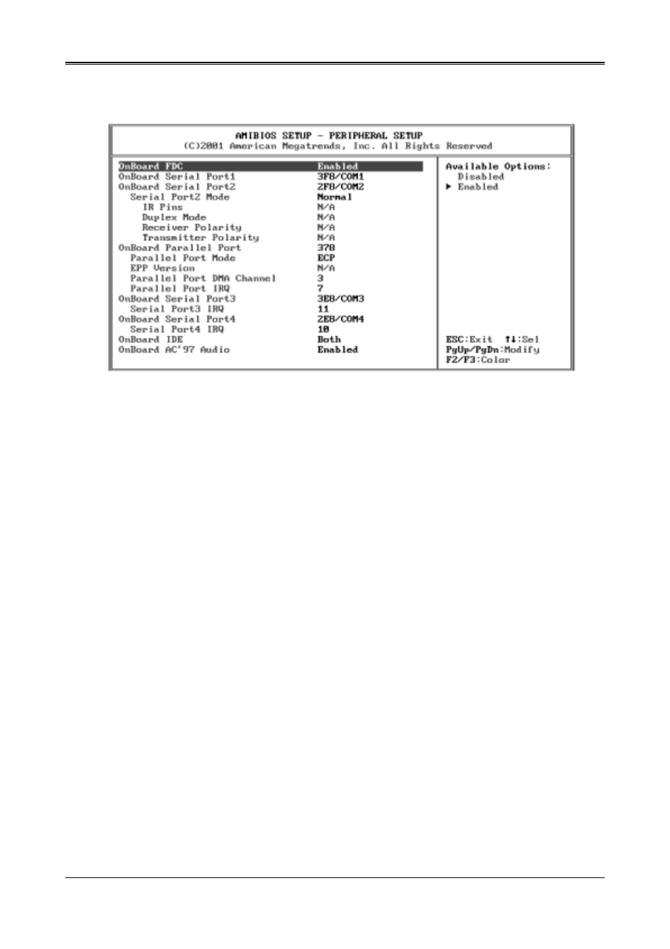 7 peripheral setup, Onboard fdc, Onboard serial port | Ir port support, Onboard parallel port, Parallel port mode, Parallel port dma channel, Onboard ide, Onboard ac’97 audio | Acrosser AR-B1690 User Manual | Page 32 / 36