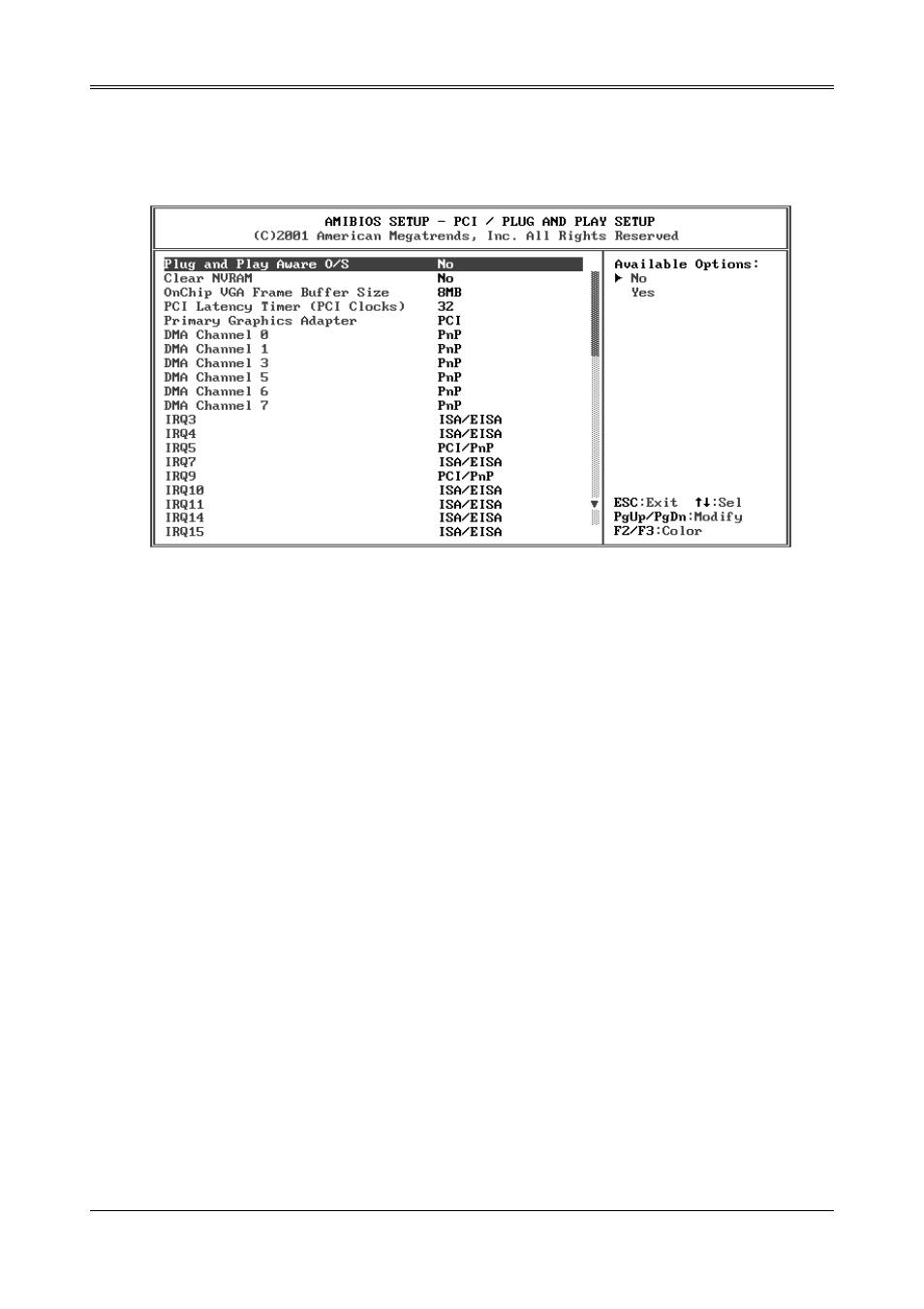 6 pci/plug and play, Plug and play aware o/s, Clear nvram | Pci latency timer (pci clocks), Primary graphic adapter, Dma & irq | Acrosser AR-B1690 User Manual | Page 31 / 36