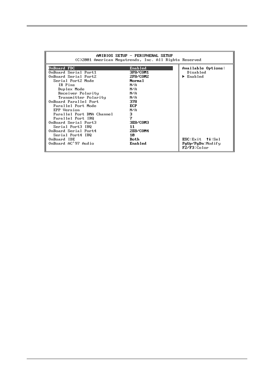 7 peripheral setup, Onboard fdc, Onboard serial port | Ir port support, Onboard parallel port, Parallel port mode, Parallel port dma channel, Onboard ide, Onboard ac’97 audio | Acrosser AR-B1690 User Manual | Page 31 / 34