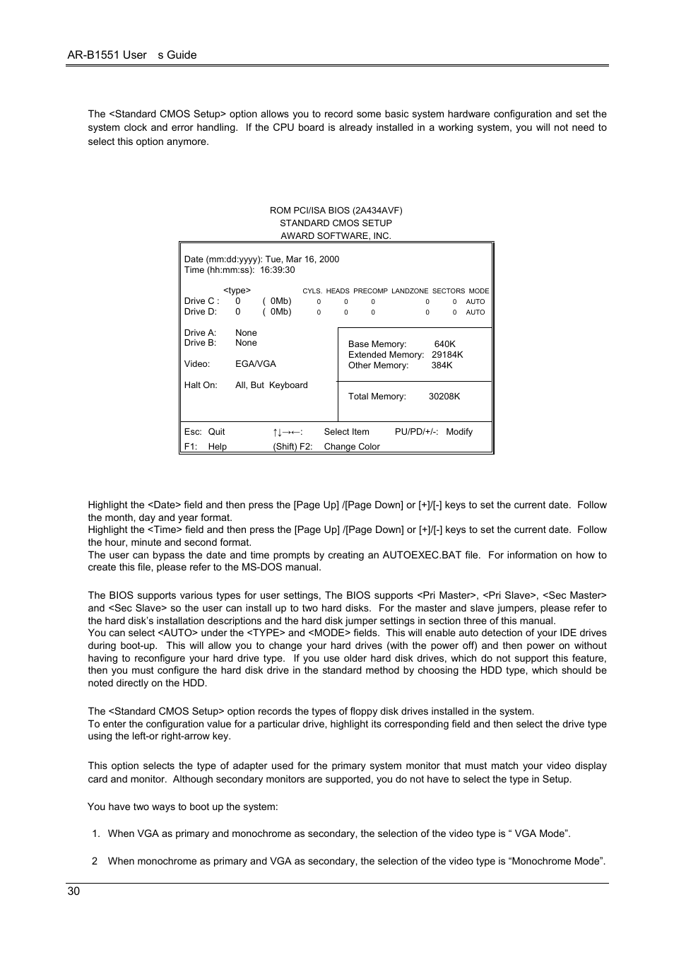 2 standard cmos setup, Date & time setup, Hard disk setup | Floppy setup, Video | Acrosser AR-B1551 User Manual | Page 31 / 37