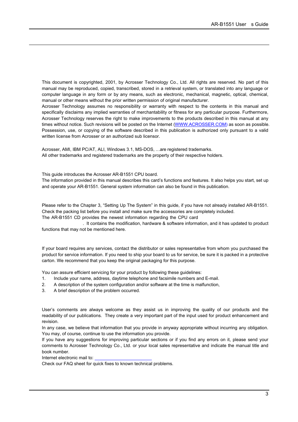 Preface, 1 copyright notice and disclaimer, Acknowledgements | 3 before you use this guide, 4 returning your board for service, 5 technical support and user comments | Acrosser AR-B1551 User Manual | Page 4 / 37