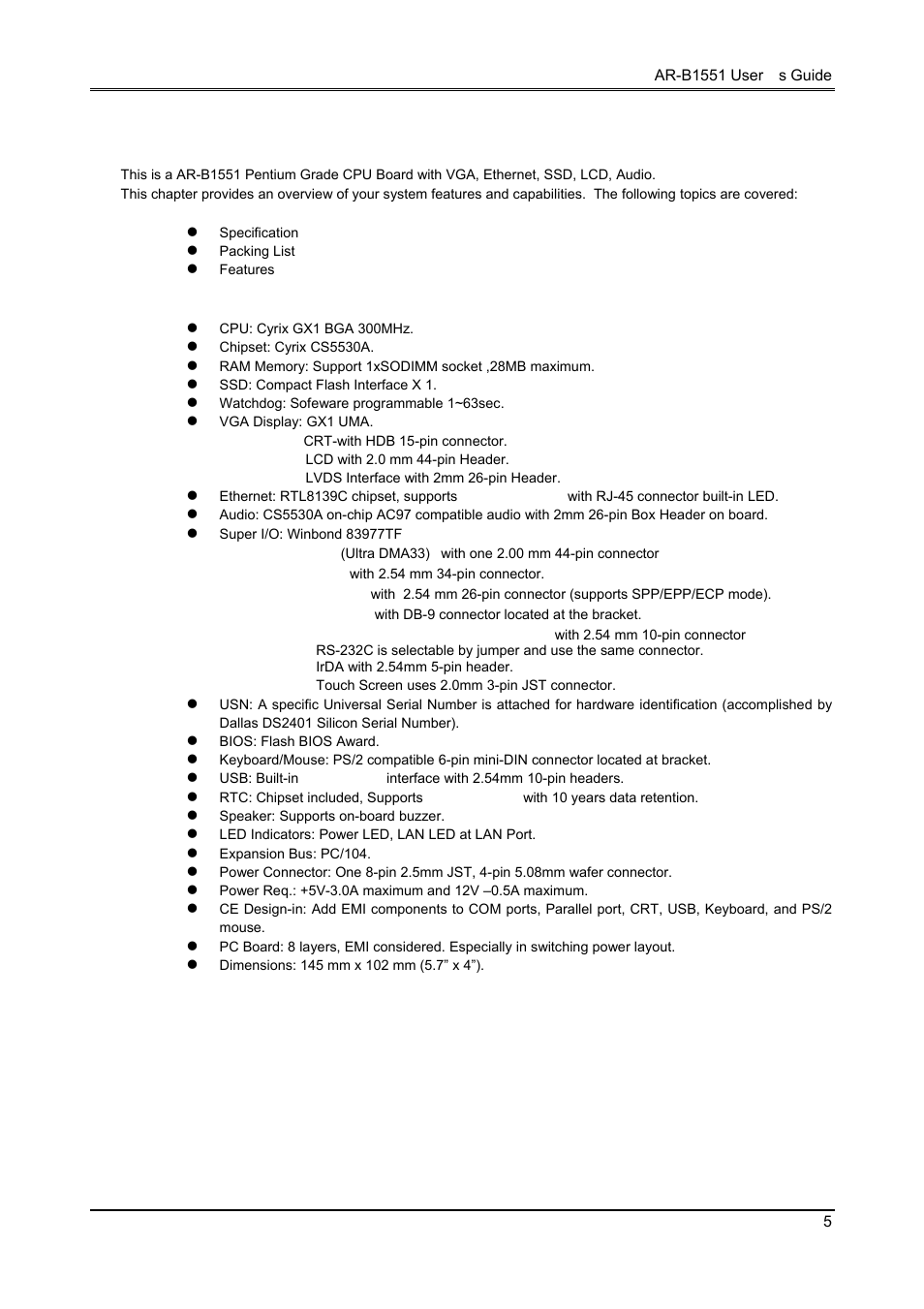 Overview, 1 specification | Acrosser AR-B1551 User Manual | Page 6 / 37