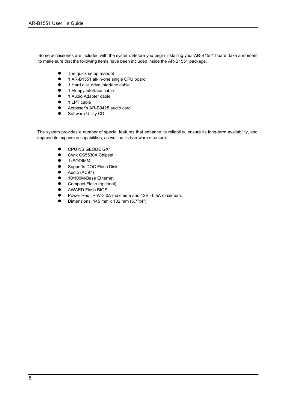 2 packing list, 3 features | Acrosser AR-B1551 User Manual | Page 7 / 37