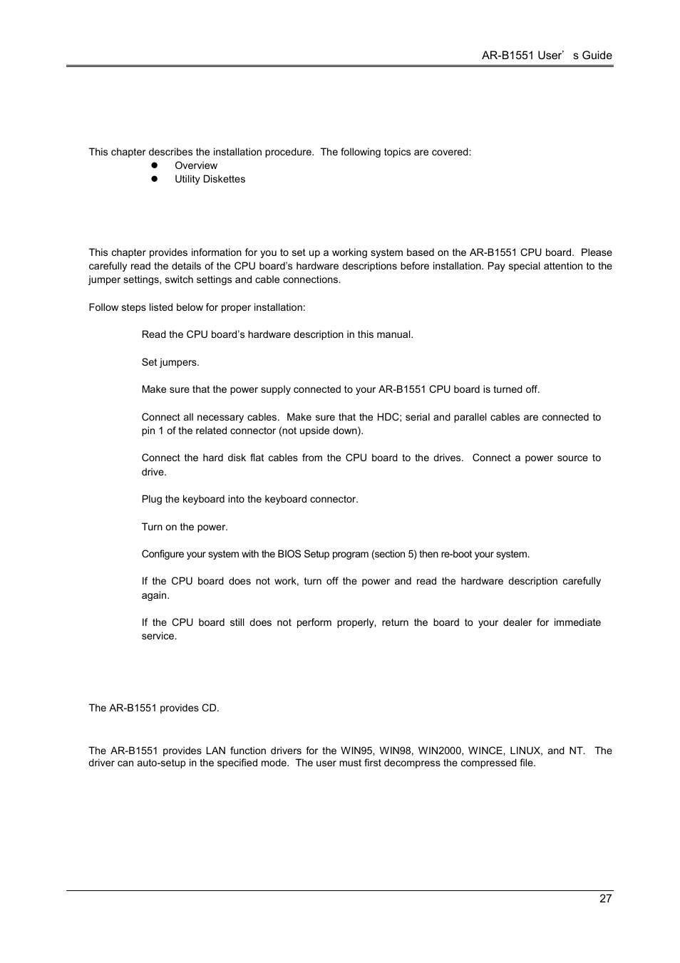 Installation, 1 overview, 2 utility diskette | 1 driver installation | Acrosser AR-B1551 User Manual | Page 28 / 37