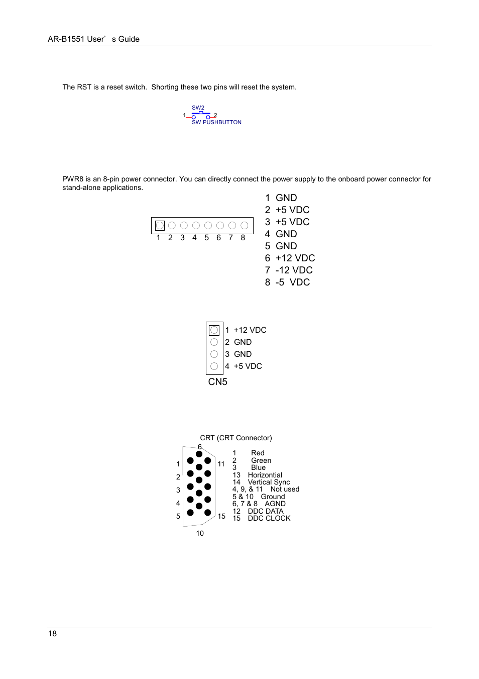 6 reset header (rst), 7 power connector (pwr4, pwr8), 8 crt connector (crt) | Acrosser AR-B1551 User Manual | Page 19 / 37