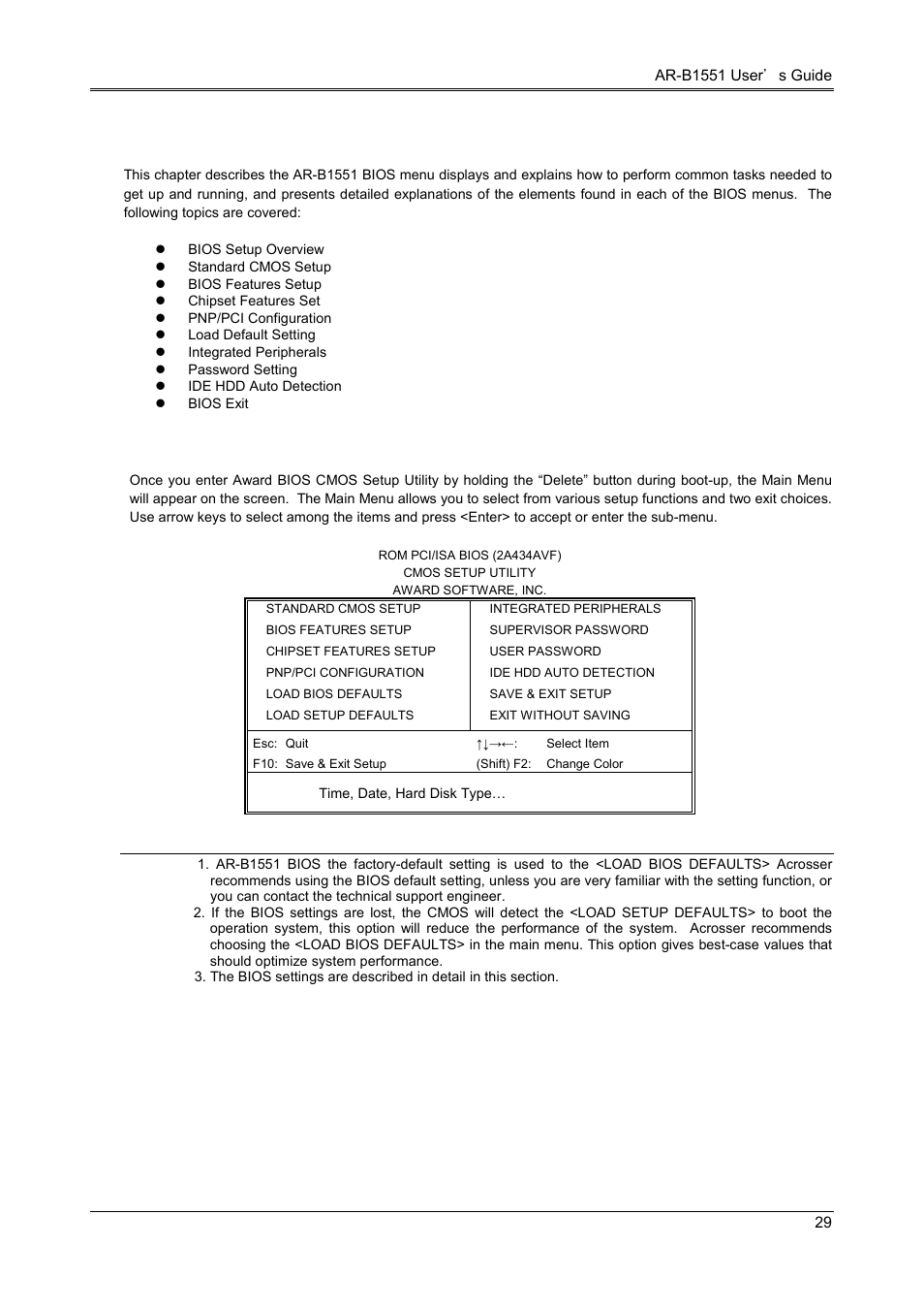 Bios console, 1 bios setup overview | Acrosser AR-B1551 User Manual | Page 30 / 37