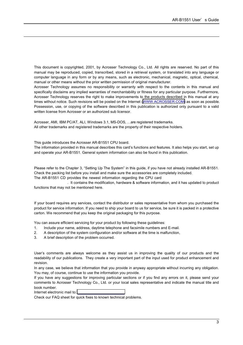 Preface, Copyright notice and disclaimer, 2 welcome to the ar-b1551 cpu board | 3 before you use this guide, 4 returning your board for service, 5 technical support and user comments, 1 copyright notice and disclaimer, Acknowledgements | Acrosser AR-B1551 User Manual | Page 4 / 37