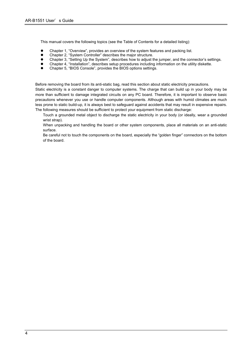 6 organization, 7 static electricity precautions | Acrosser AR-B1551 User Manual | Page 5 / 37