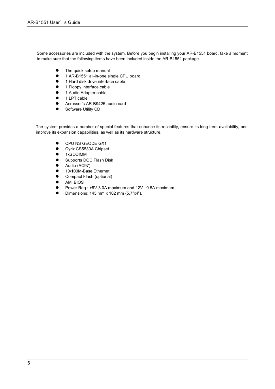 2 packing list, 3 features | Acrosser AR-B1551 User Manual | Page 7 / 37