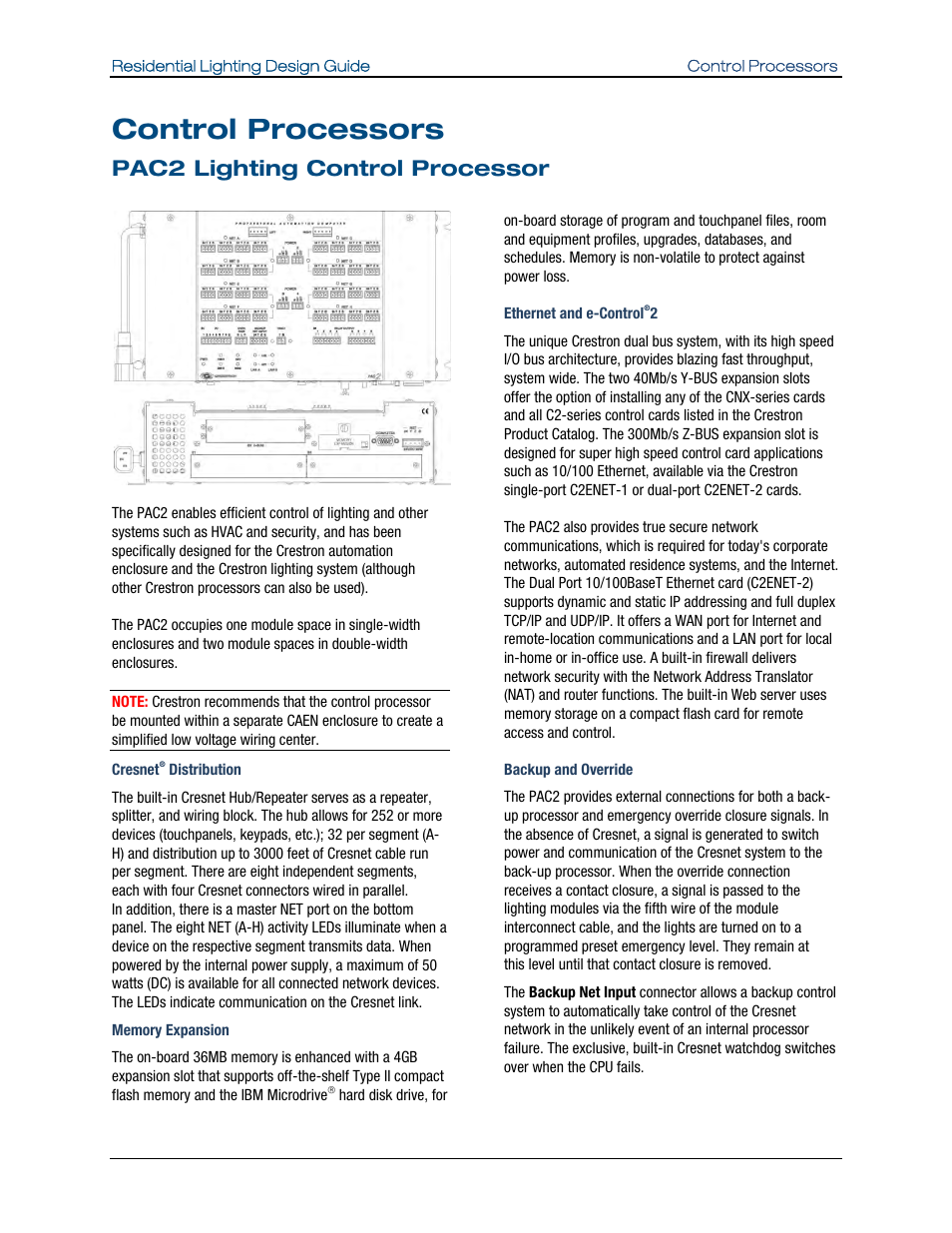 Control processors, Pac2 lighting control processor | Crestron electronic Residential Lighting User Manual | Page 58 / 83