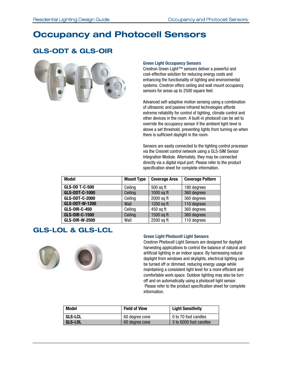Occupancy and photocell sensors, Gls-odt & gls-oir, Gls-lol & gls-lcl | Crestron electronic Residential Lighting User Manual | Page 63 / 83