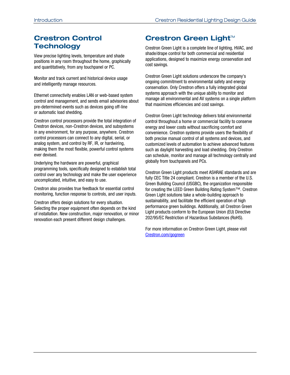 Crestron control technology, Crestron green light | Crestron electronic Residential Lighting User Manual | Page 7 / 83