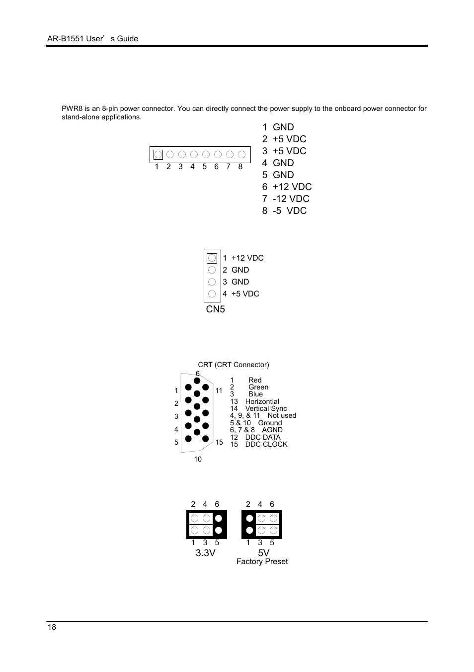 7 power connector (pwr4, pwr8), 8 crt connector (crt), 9 lcd supported voltage select (jp2) | Acrosser AR-B1551 User Manual | Page 20 / 37