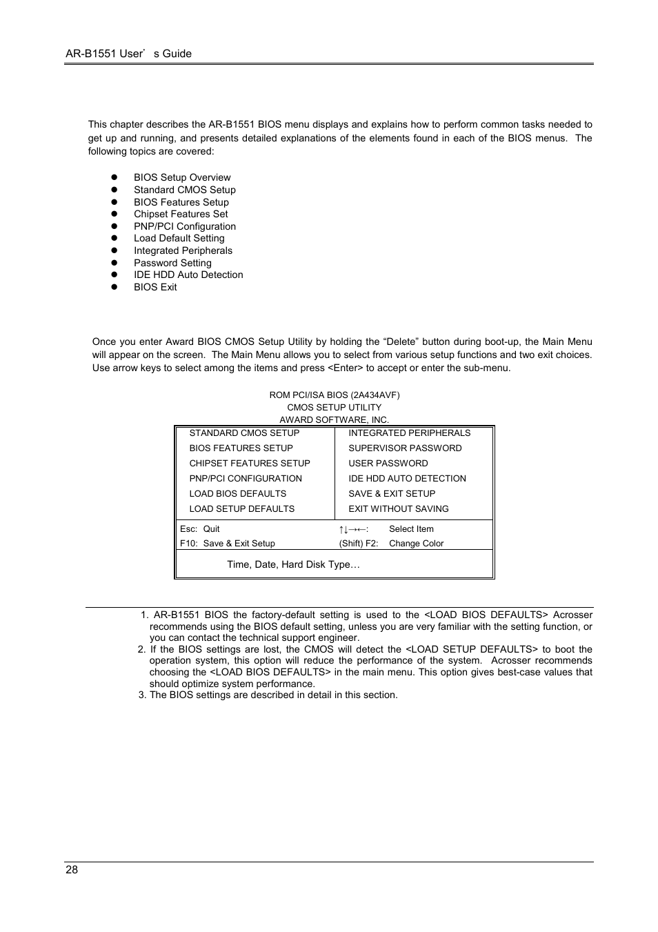 Bios console, 1 bios setup overview | Acrosser AR-B1551 User Manual | Page 30 / 37