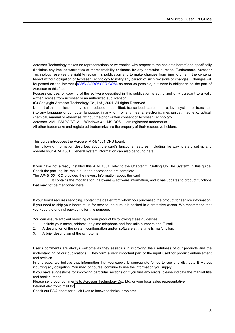 Preface, Copyright notice and disclaimer, 2 welcome to the ar-b1551 cpu board | 3 before you use this guide, 4 returning your board for service, 5 technical support and user comments, 1 copyright notice and disclaimer | Acrosser AR-B1551 User Manual | Page 5 / 37