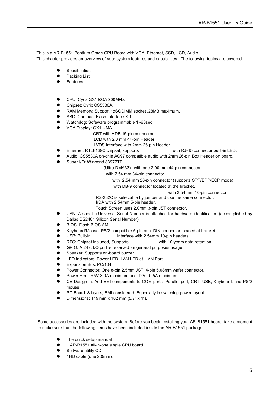 Overview, Specification, 2 packing list | 1 specification | Acrosser AR-B1551 User Manual | Page 7 / 37