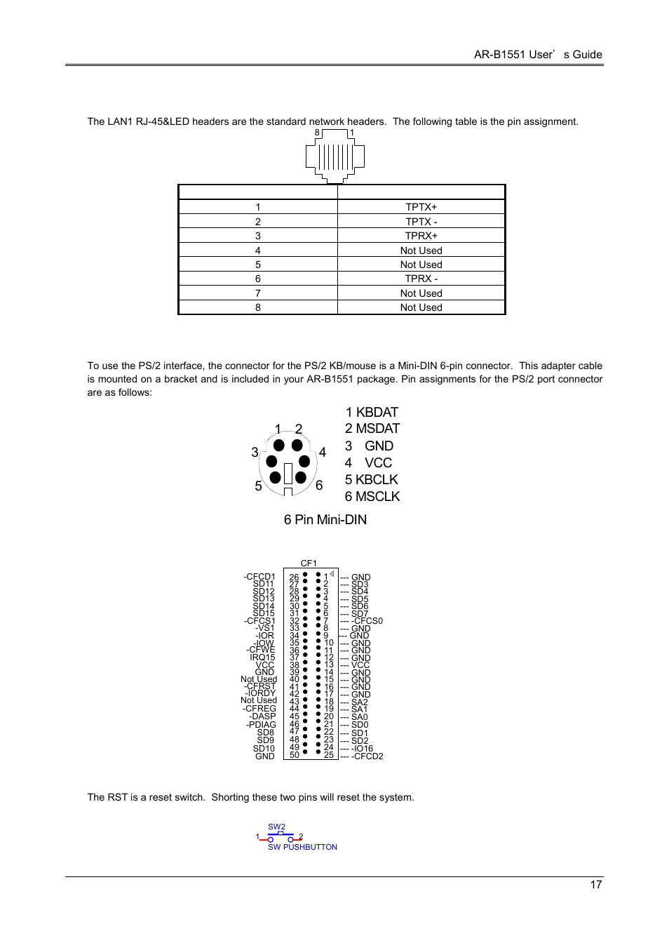 3 network setting (lan1), 4 ps/2 kb/mouse connector (km), 5 compact flash connector (cf1) | 6 reset header (rst) | Acrosser AR-B1551 User Manual | Page 19 / 37