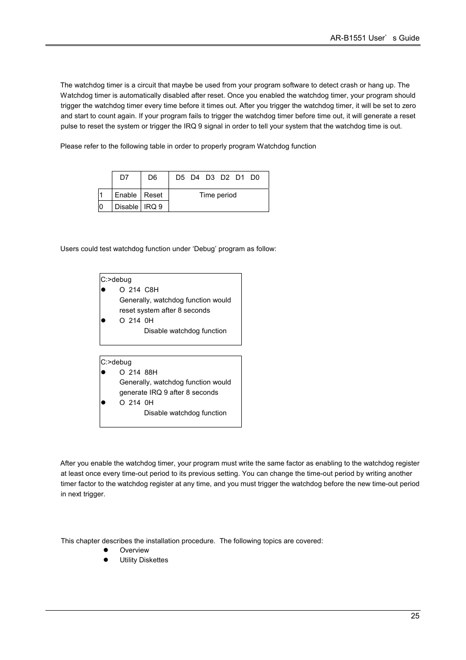 Installation, 1 watchdog timer setting, 2 watchdog timer trigger | Acrosser AR-B1551 User Manual | Page 27 / 37