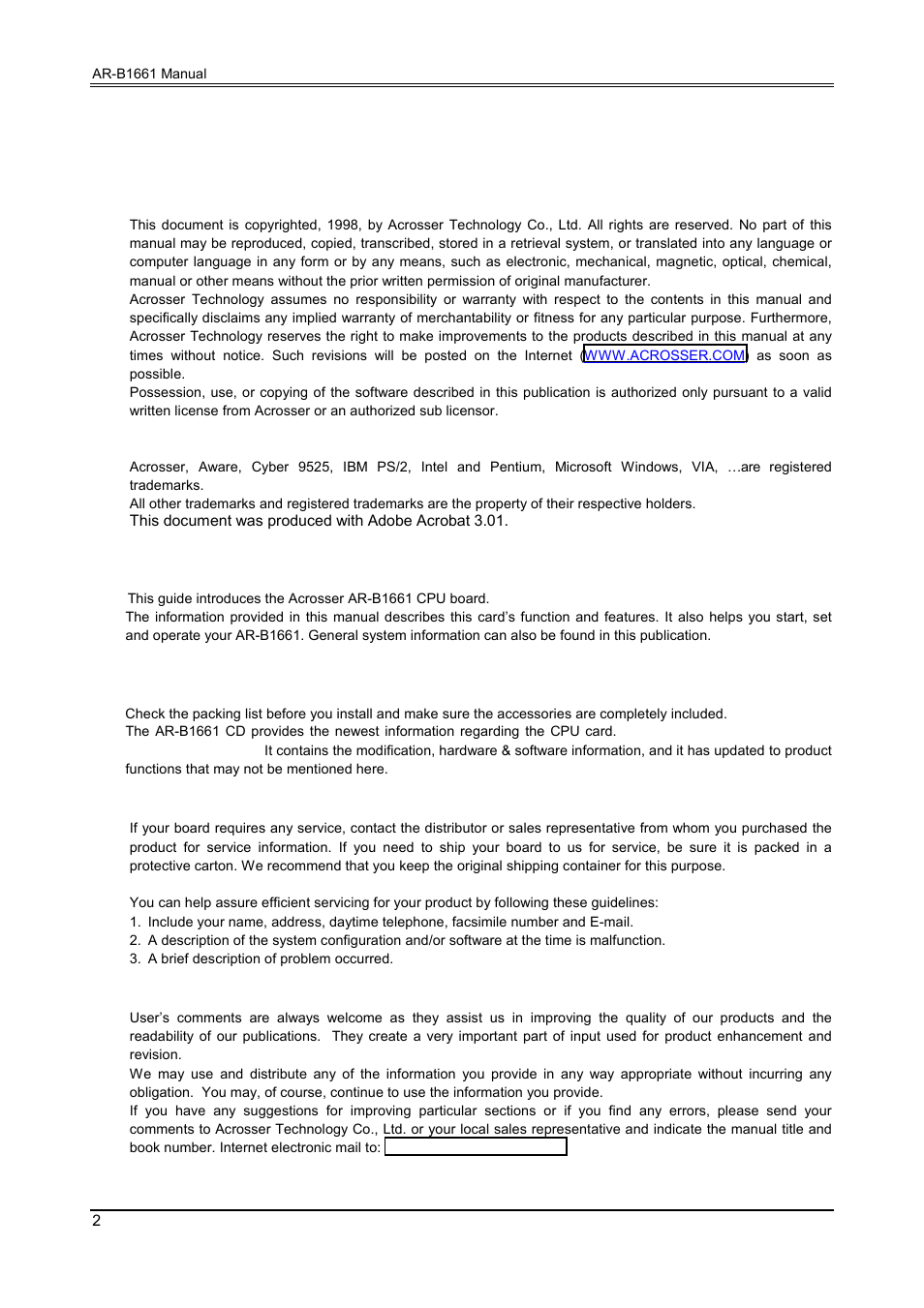 Preface, 1 copyright notice and disclaimer, 2 welcome to the ar-b1661 cpu board | 3 before you use this guide, 4 returning your board for service, 5 technical support and user comments | Acrosser AR-B1661 User Manual | Page 3 / 36