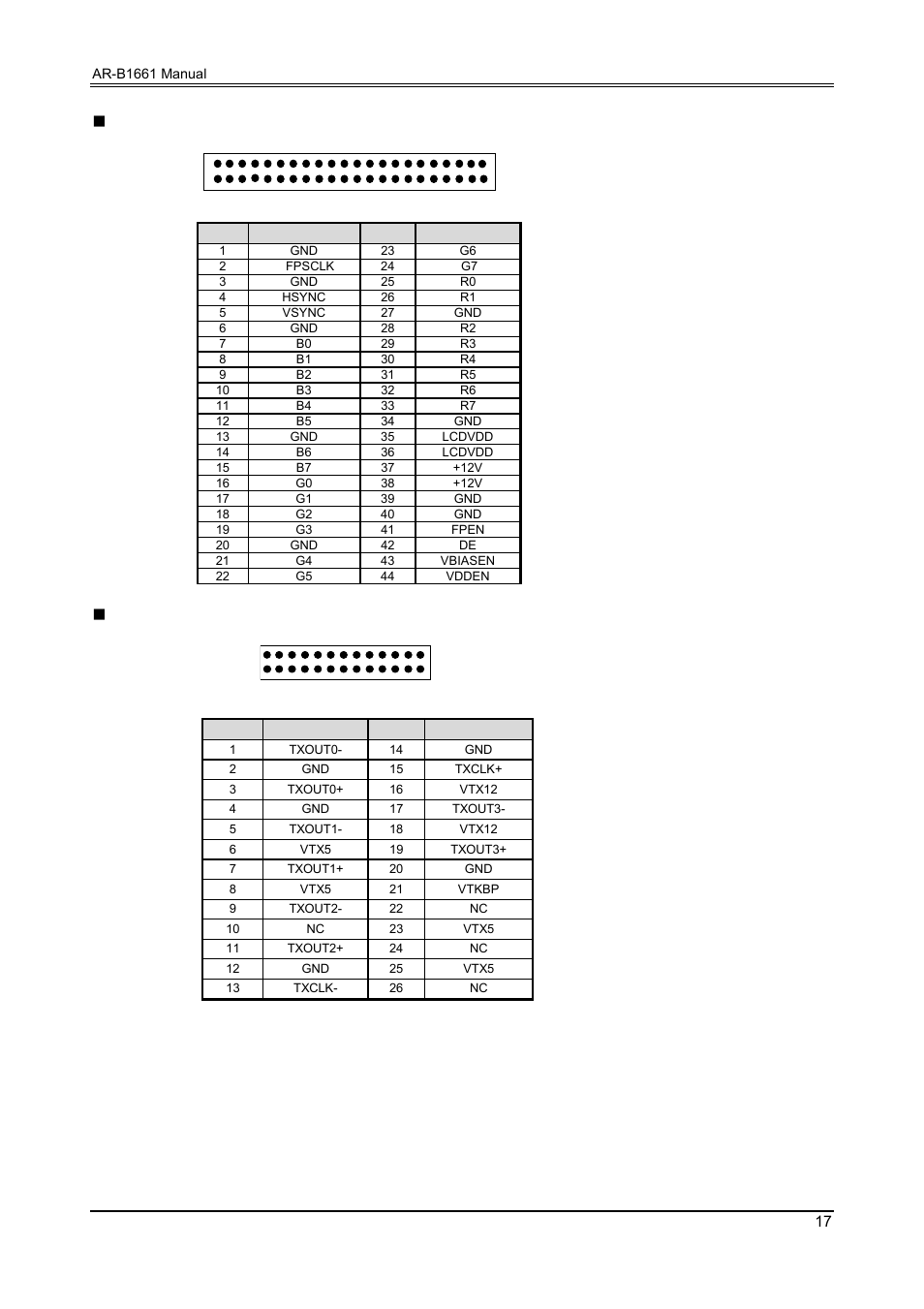 Bit lcd connector (lcd2), Lvds lcd connector (lvds) | Acrosser AR-B1661 User Manual | Page 18 / 36