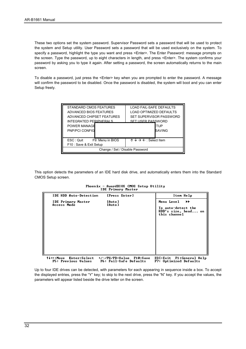 11 supervisor / user password, 12 ide hdd auto detection | Acrosser AR-B1661 User Manual | Page 33 / 36