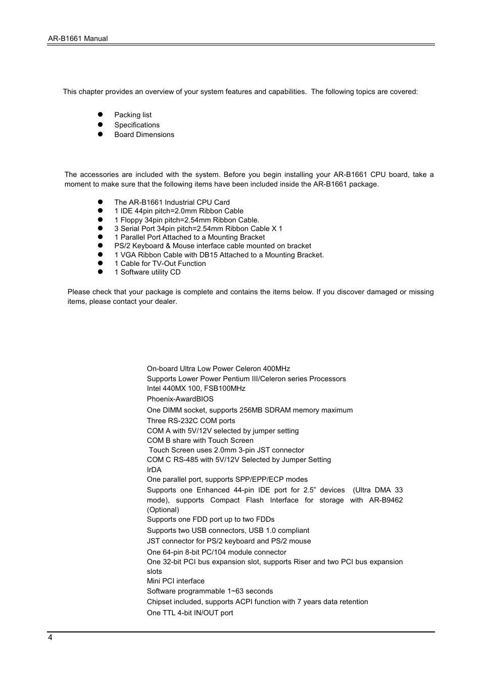 Introduction, 1 packing list, 2 specifications | Acrosser AR-B1661 User Manual | Page 5 / 36