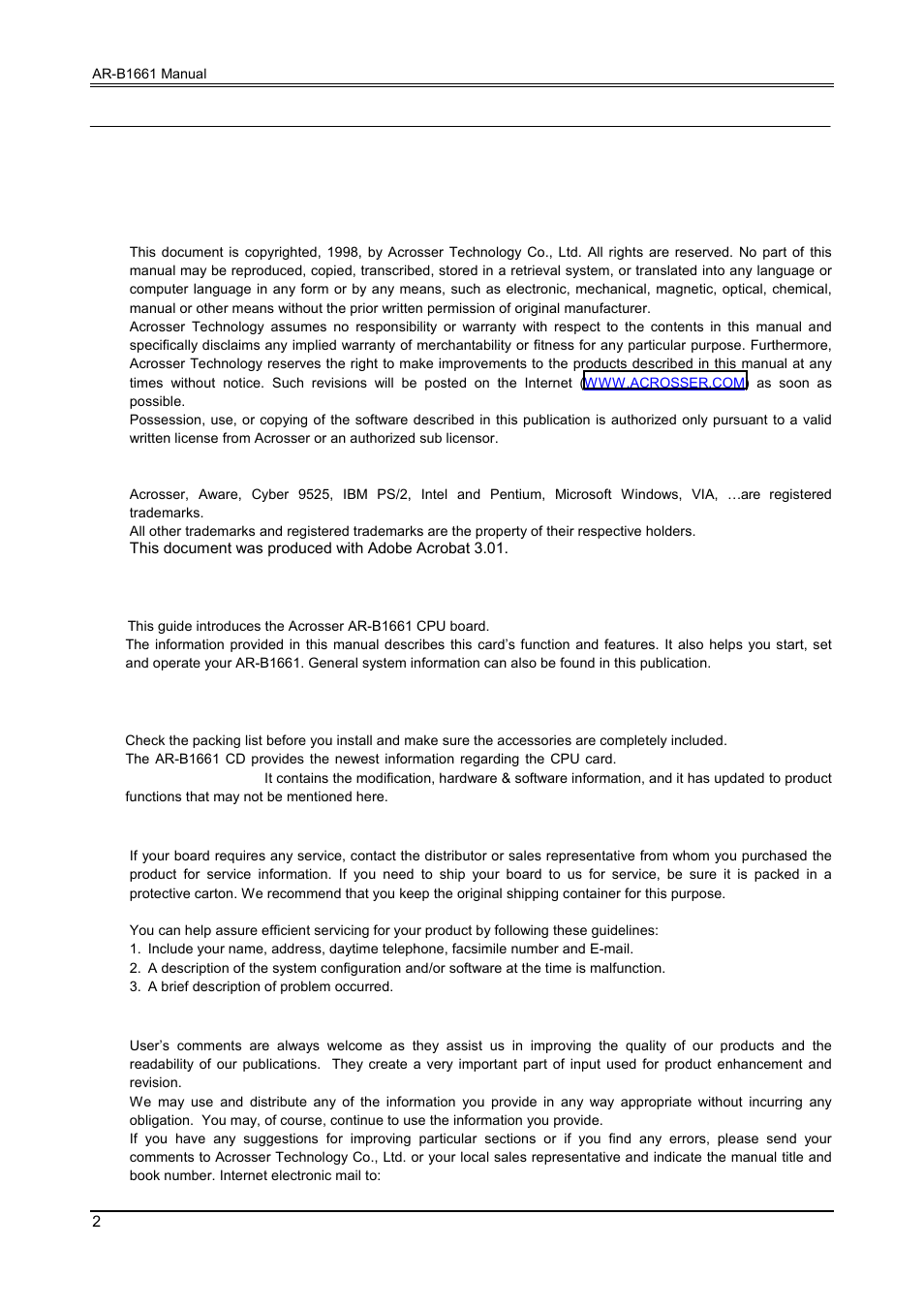 Preface, Copyright notice and disclaimer, 2 welcome to the ar-b1661 cpu board | 3 before you use this guide, 4 returning your board for service, 5 technical support and user comments | Acrosser AR-B1661 User Manual | Page 3 / 37