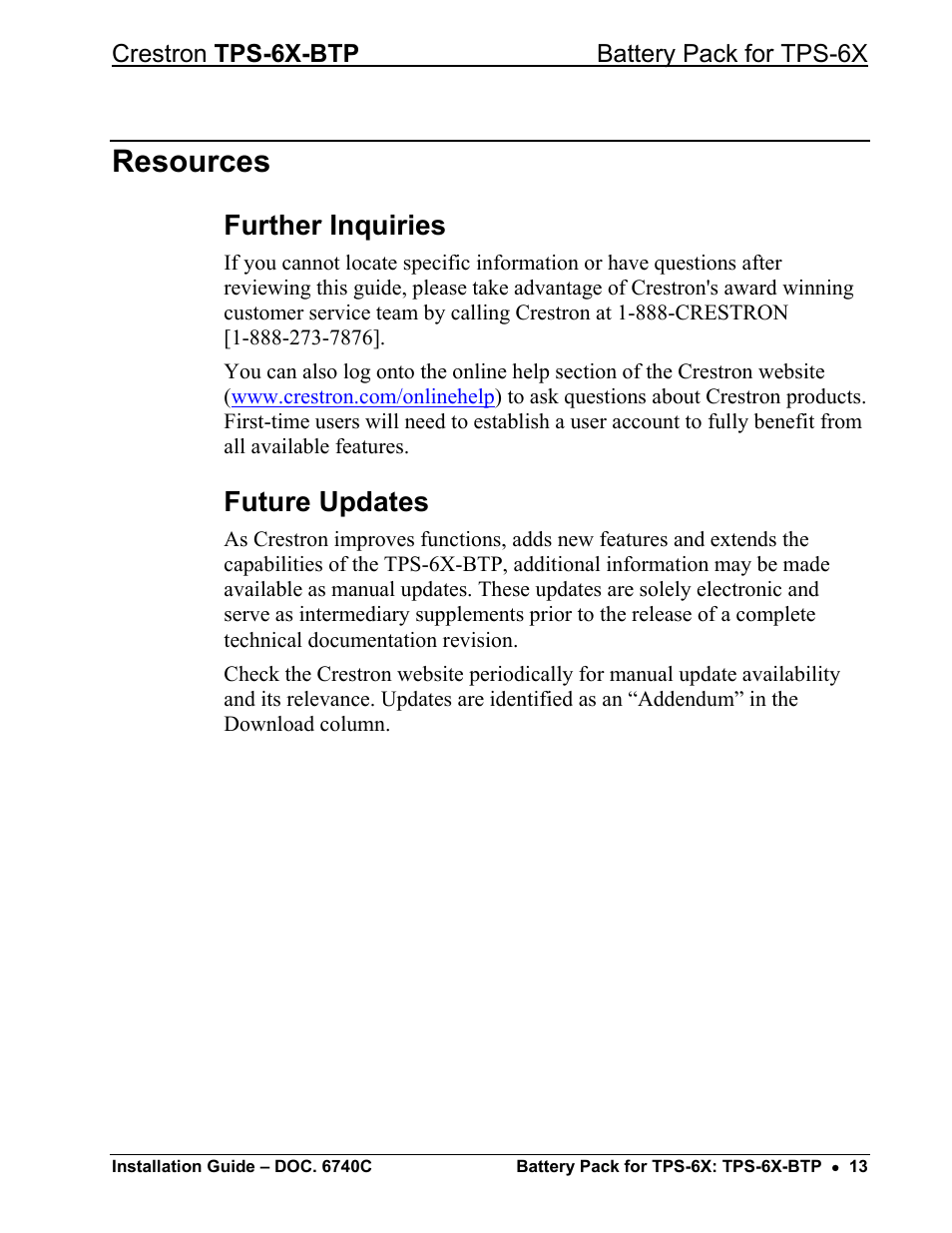 Resources, Further inquiries, Future updates | Crestron electronic Battery Pack TPS-6X-BTP User Manual | Page 17 / 20