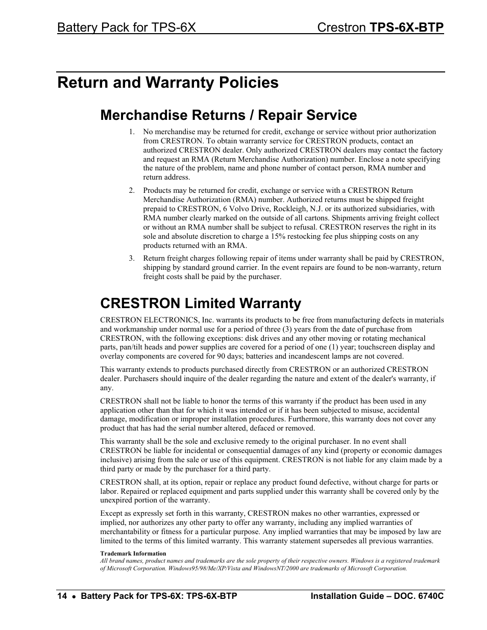 Return and warranty policies, Merchandise returns / repair service, Crestron limited warranty | Battery pack for tps-6x crestron tps-6x-btp | Crestron electronic Battery Pack TPS-6X-BTP User Manual | Page 18 / 20