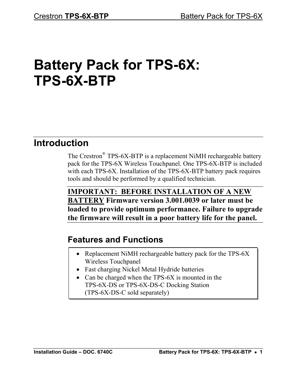 Battery pack for tps-6x: tps-6x-btp, Introduction, Features and functions | Crestron electronic Battery Pack TPS-6X-BTP User Manual | Page 5 / 20