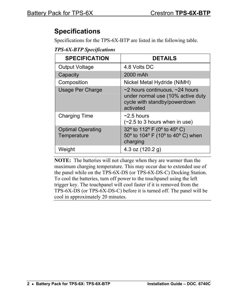 Specifications | Crestron electronic Battery Pack TPS-6X-BTP User Manual | Page 6 / 20