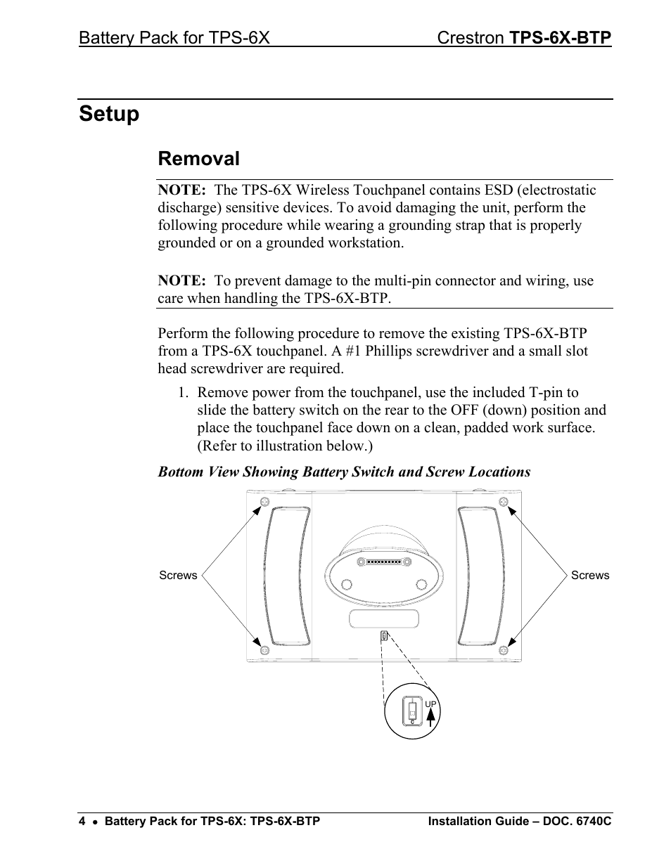 Setup, Removal, Battery pack for tps-6x crestron tps-6x-btp | Crestron electronic Battery Pack TPS-6X-BTP User Manual | Page 8 / 20