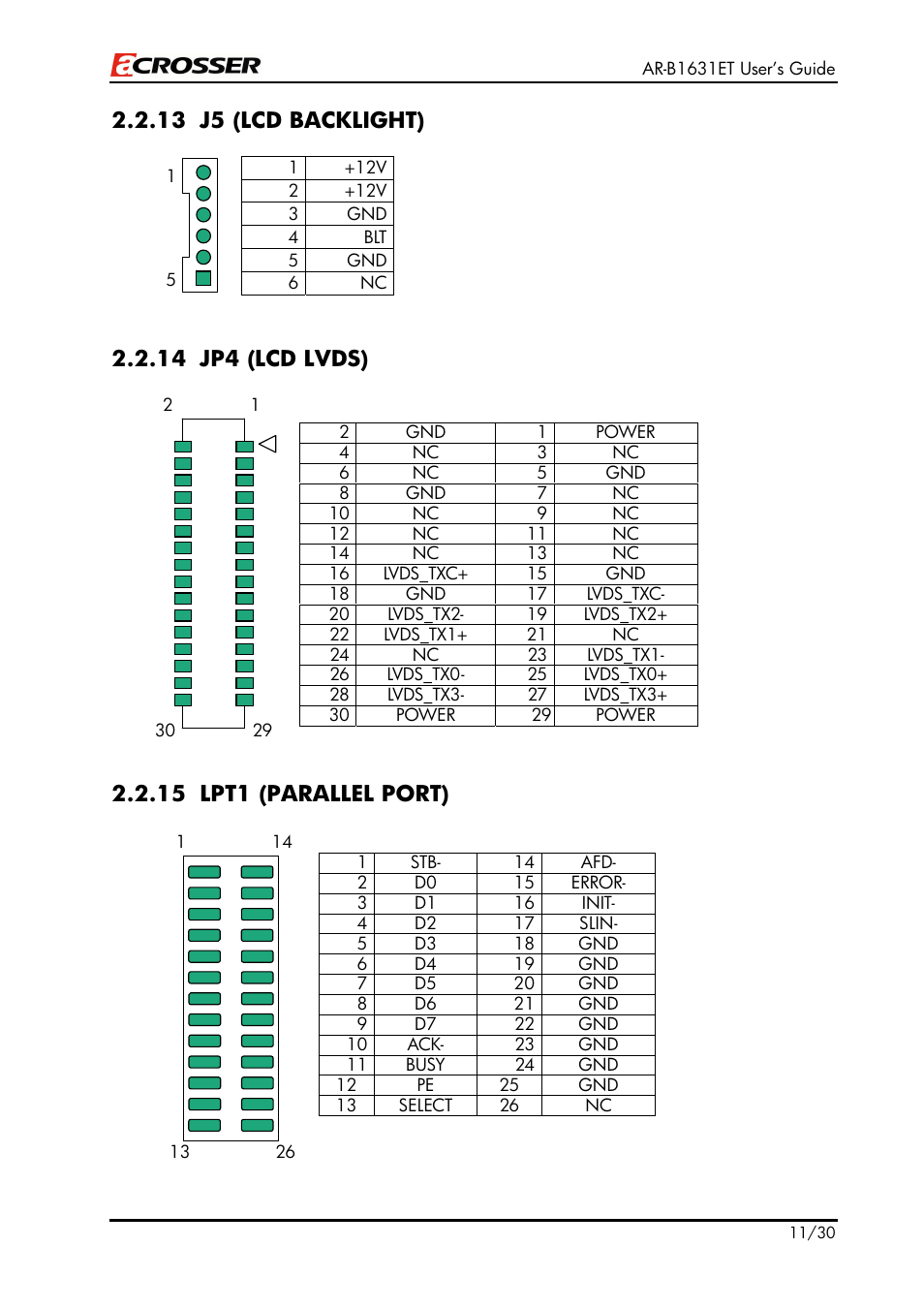 13 j5 (lcd backlight), 14 jp4 (lcd lvds), 15 lpt1 (parallel port) | Acrosser AR-B1631ET User Manual | Page 11 / 30