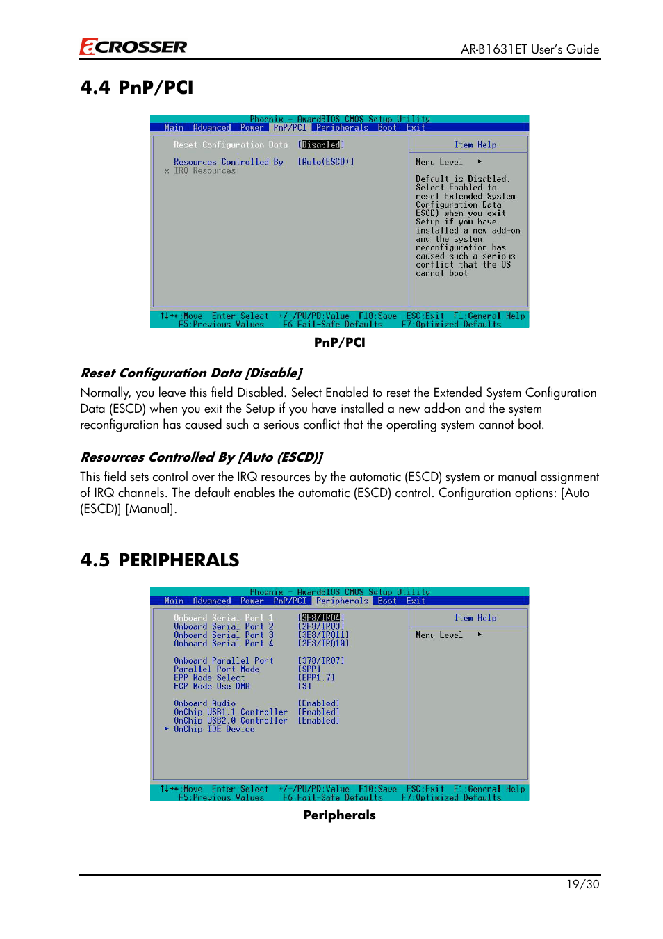 4 pnp/pci, 5 peripherals | Acrosser AR-B1631ET User Manual | Page 19 / 30