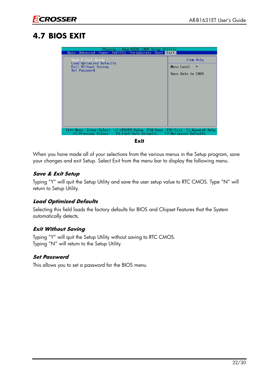 7 bios exit | Acrosser AR-B1631ET User Manual | Page 22 / 30