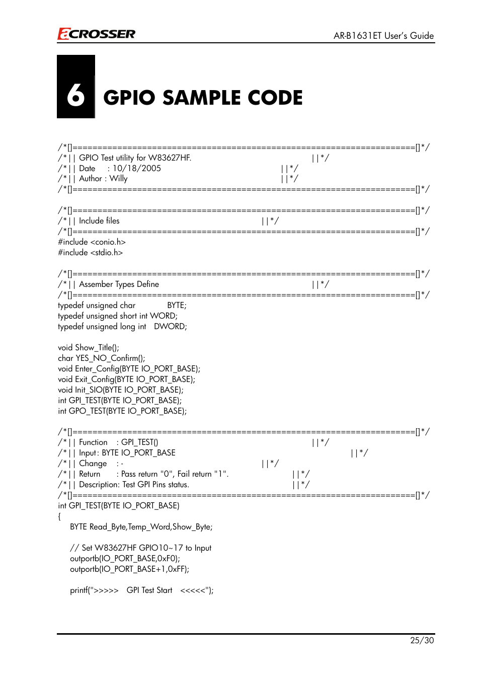 Gpio sample code | Acrosser AR-B1631ET User Manual | Page 25 / 30