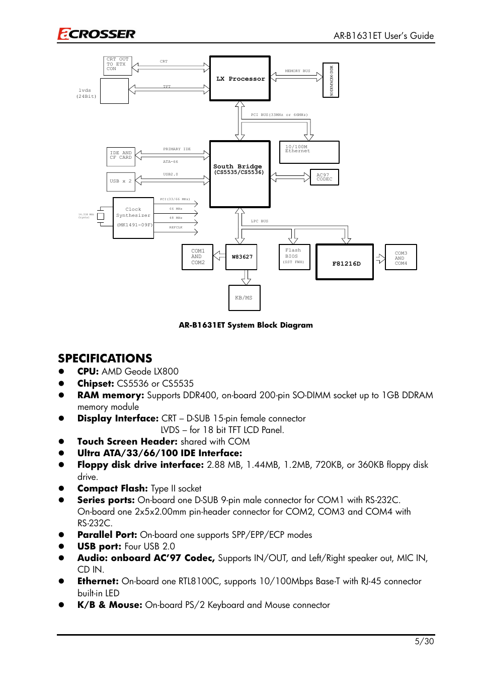 Specifications, Ar-b1631et user’s guide | Acrosser AR-B1631ET User Manual | Page 5 / 30