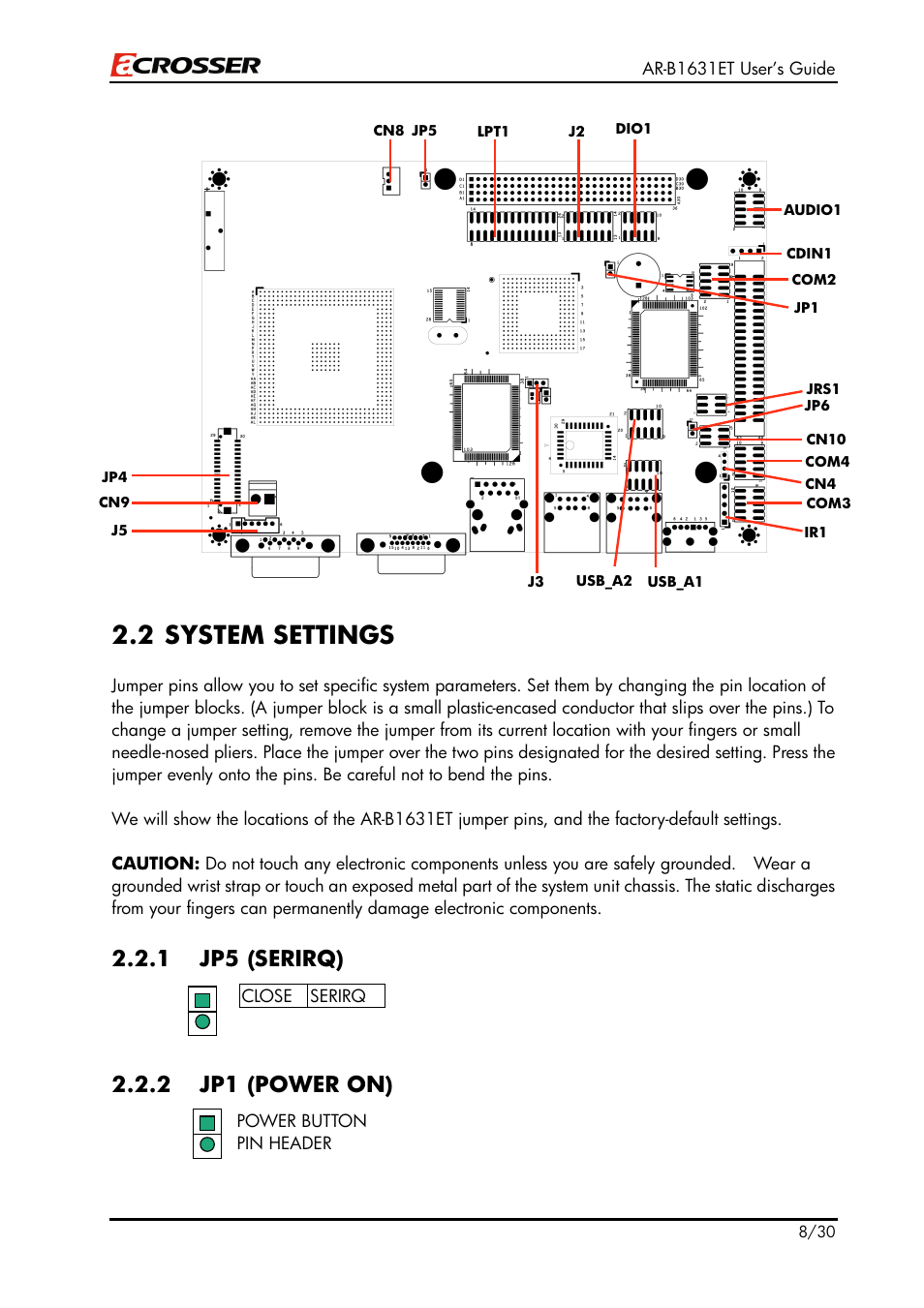 2 system settings, 1 jp5 (serirq), 2 jp1 (power on) | Acrosser AR-B1631ET User Manual | Page 8 / 30