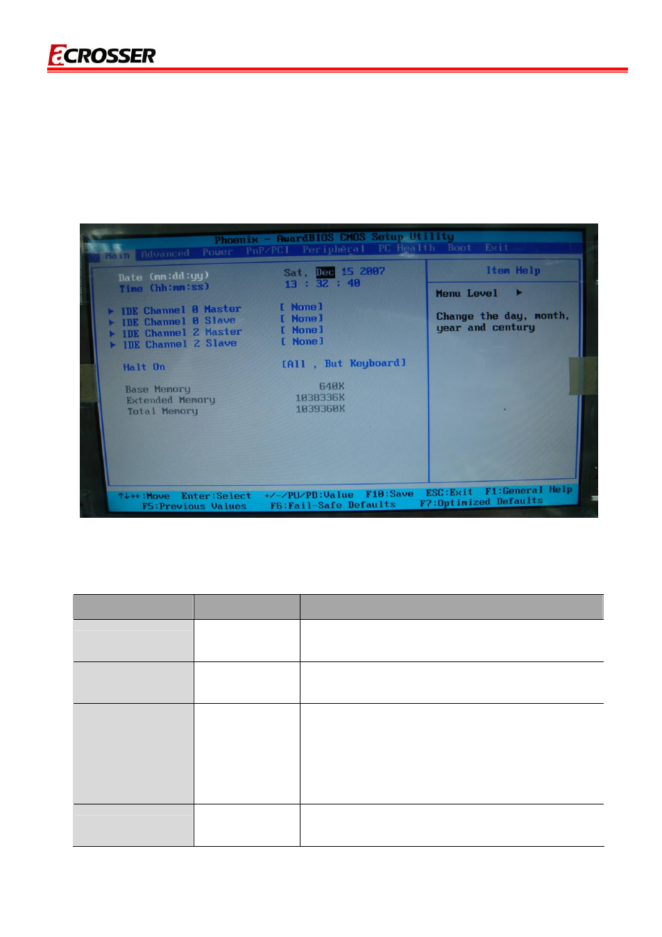 Date setup, Time setup, Ide channel 0 master/slave | Halt on, Main setup, 1 main setup | Acrosser AR-B5230 User Manual | Page 19 / 30