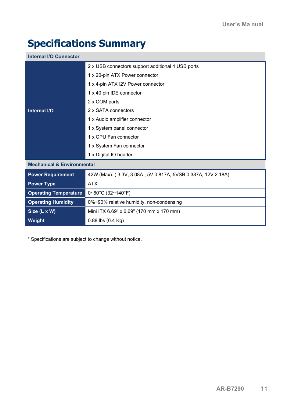 Specifications summary | Acrosser AR-B7290 User Manual | Page 11 / 69