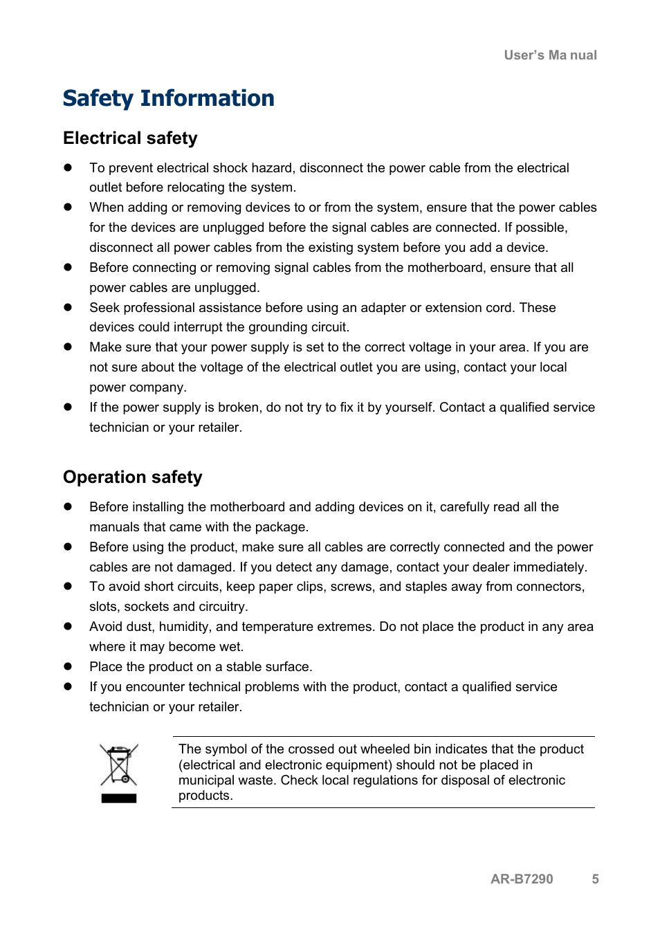 Safety information, Electrical safety, Operation safety | Acrosser AR-B7290 User Manual | Page 5 / 69
